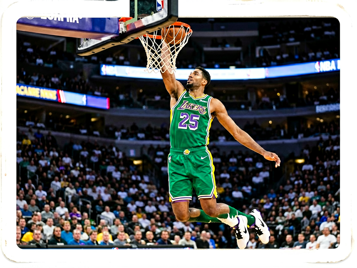 NBA篮球比赛精彩扣篮瞬间,球员在空中完成灌篮